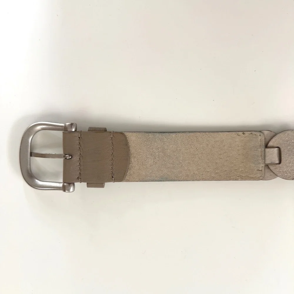 Vintage Wide Genuine‎ Leather Disc Link Belt Taupe Silver Buckle Boho Belt